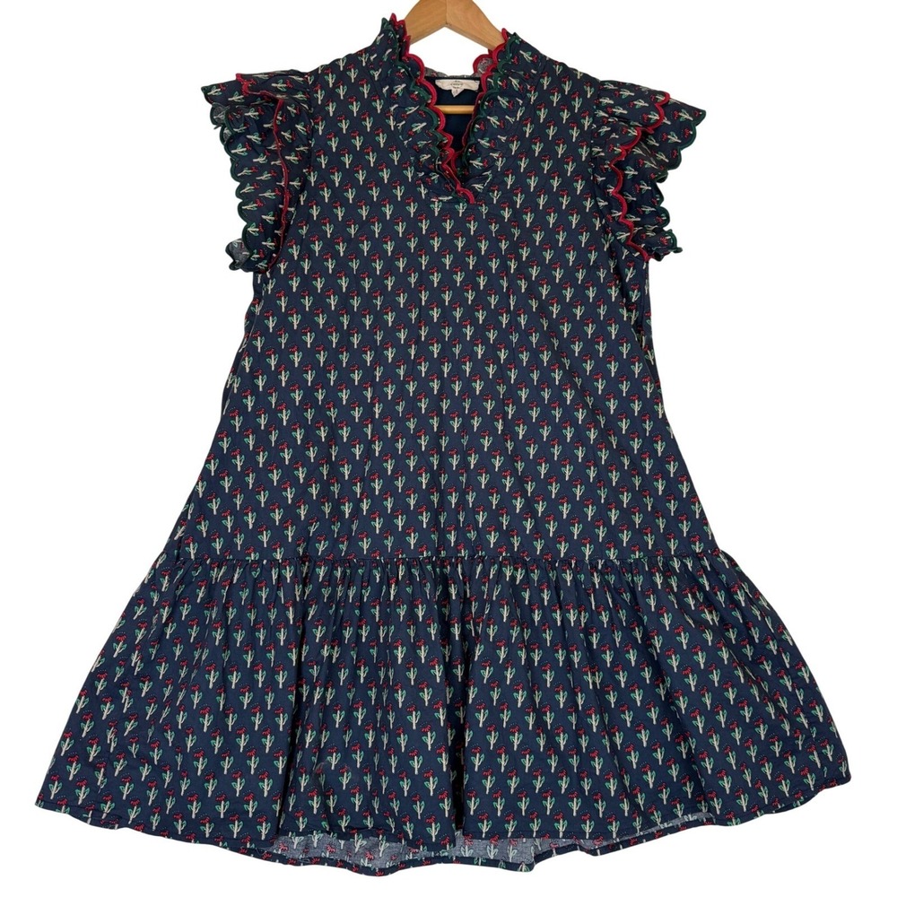 ENTRO Navy Blue Cactus Floral Flutter Sleeve Ruffle Tiered Mini Shift Dress Sz M - Picture 2 of 12